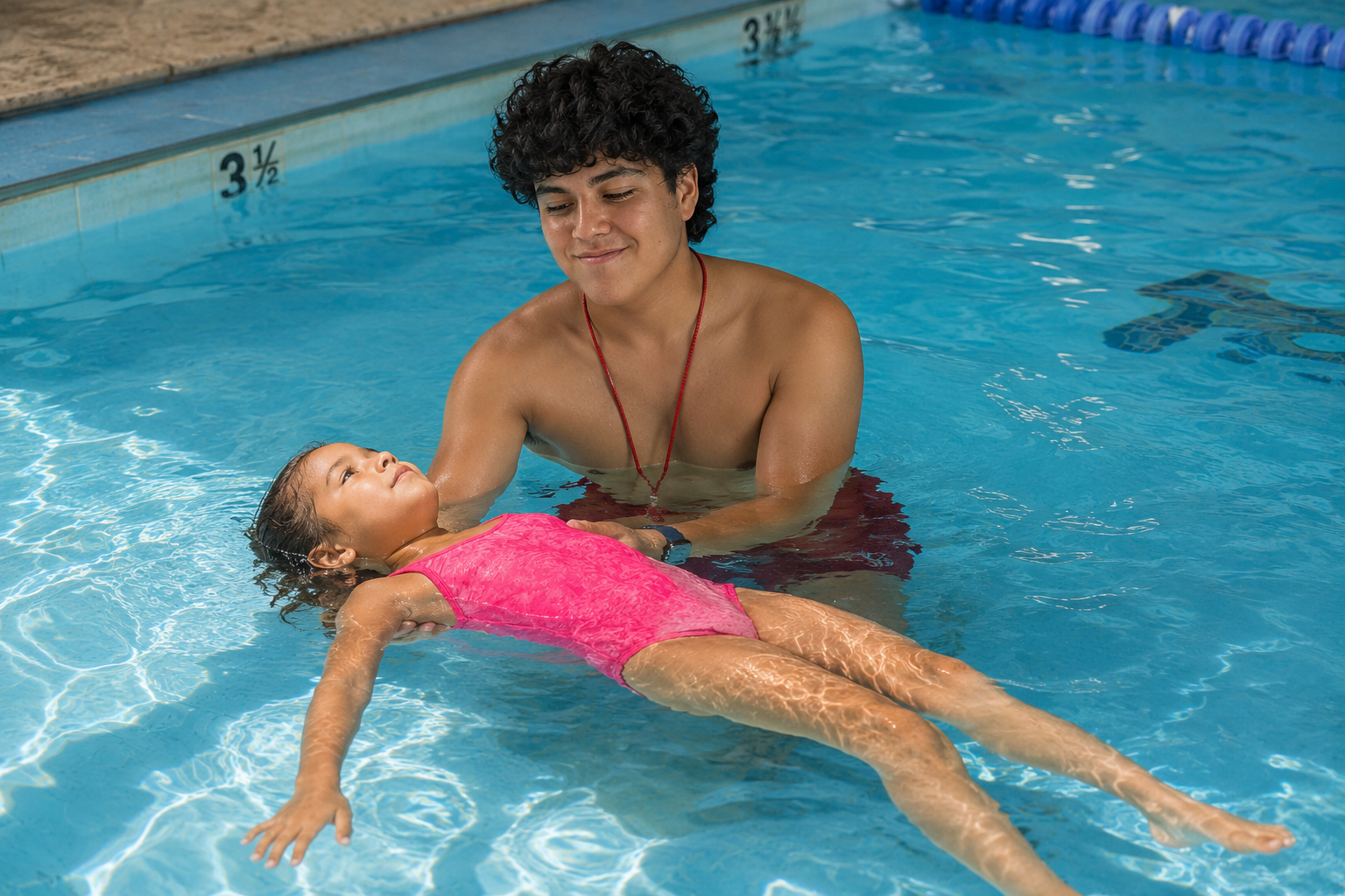 Sayid supporting a child floating on her back