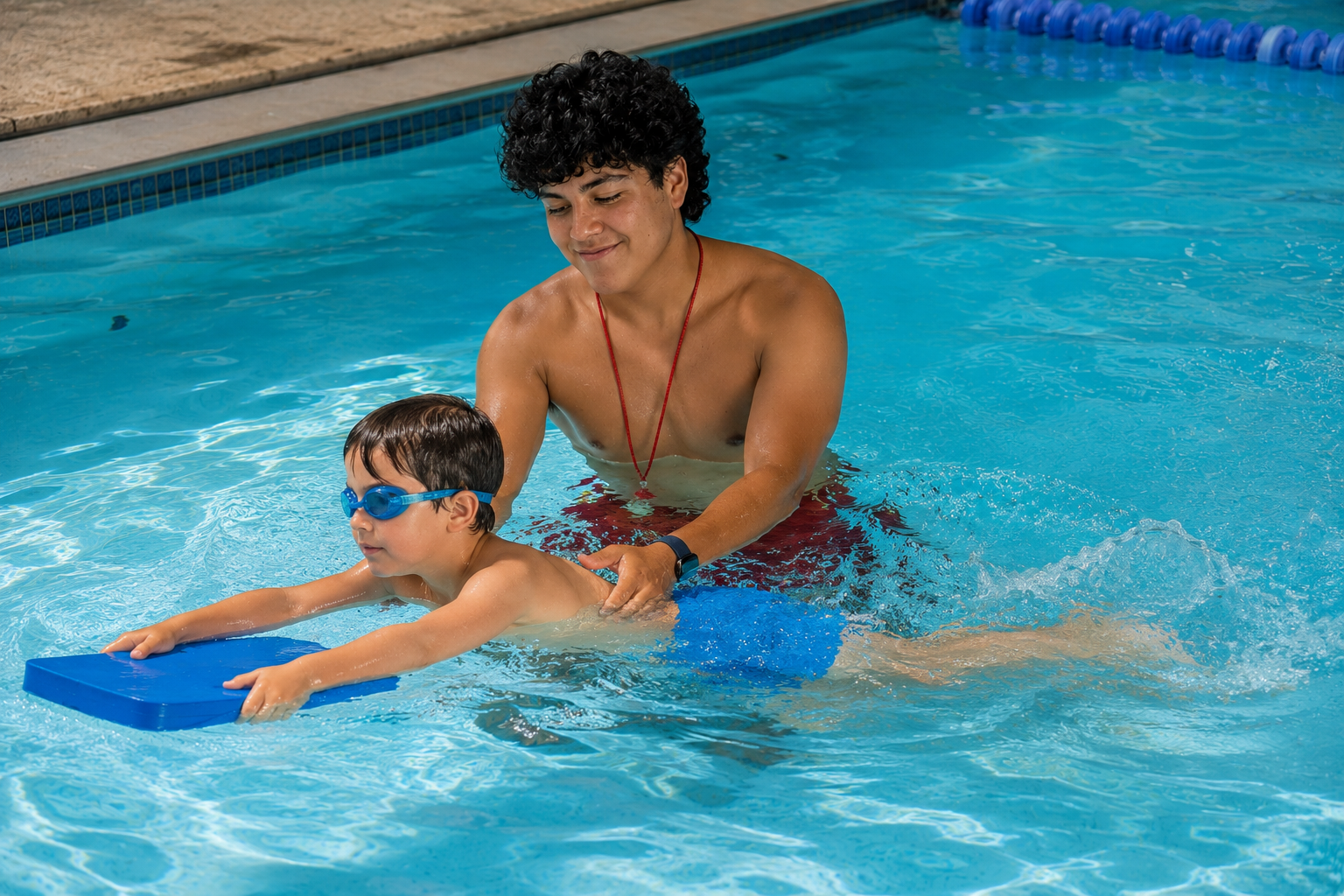 Sayid coaching a young swimmer with a kickboard